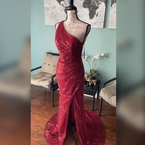Burgundy beaded sparkly evening gown, formal dress, weddings guest dress